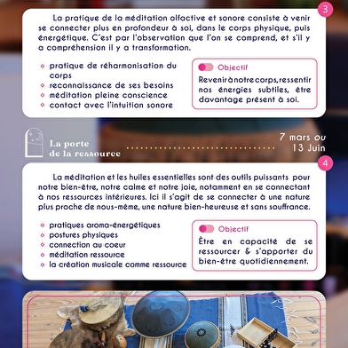 Itinérance intérieure : atelier de méditation, musique intuitive et aromathérapie.